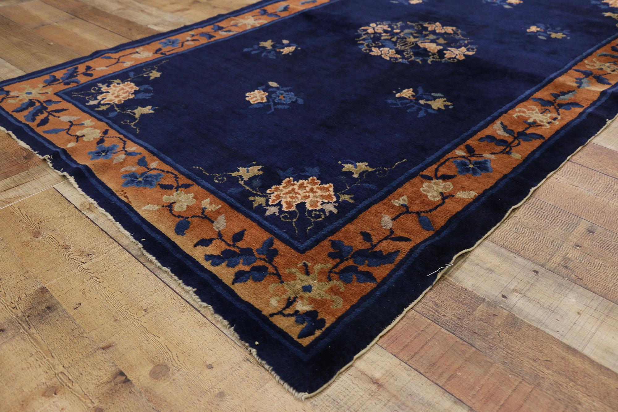 Wool Antique Chinese Peking Accent Rug with Chinese Art Deco Style For Sale