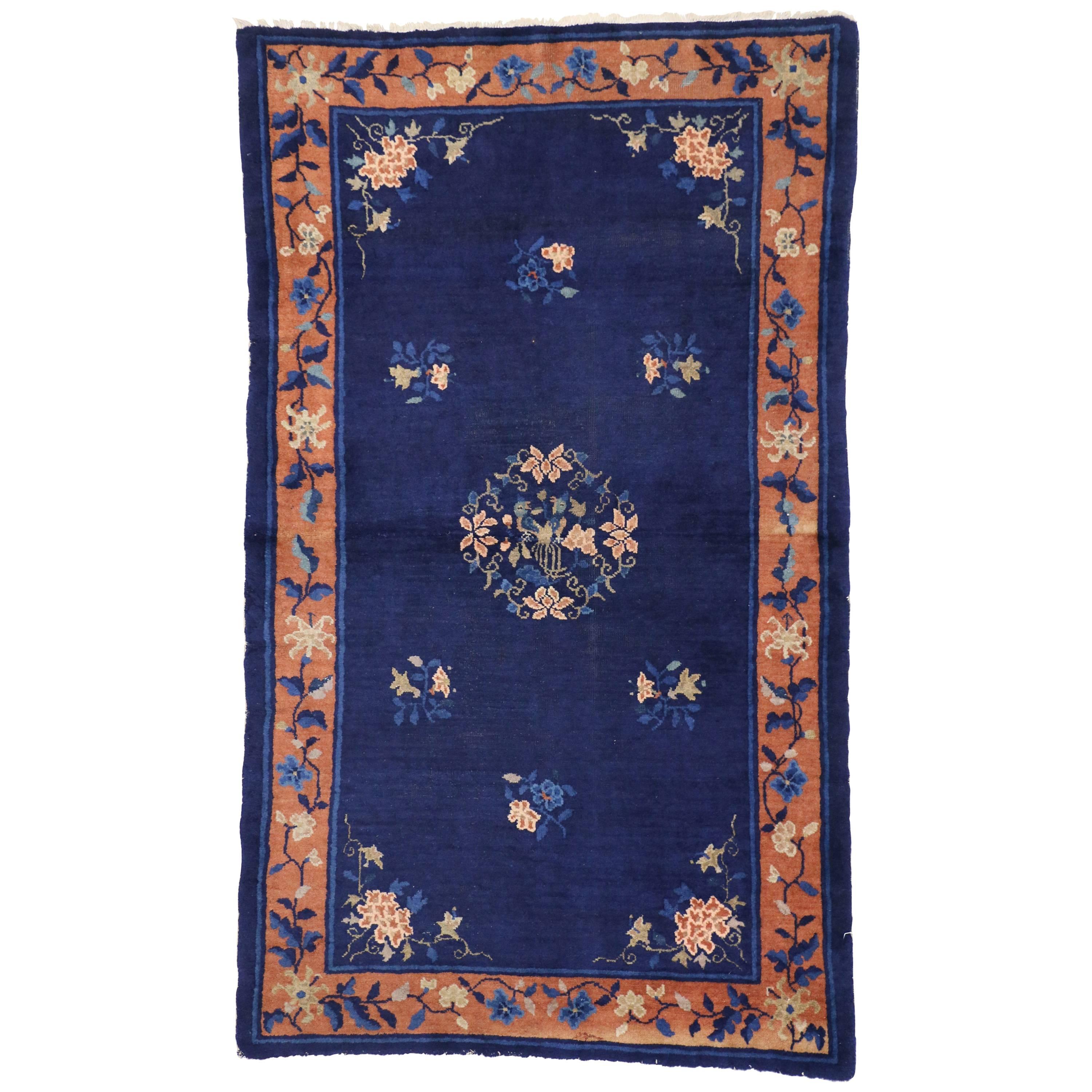 Antique Chinese Peking Accent Rug with Chinese Art Deco Style For Sale