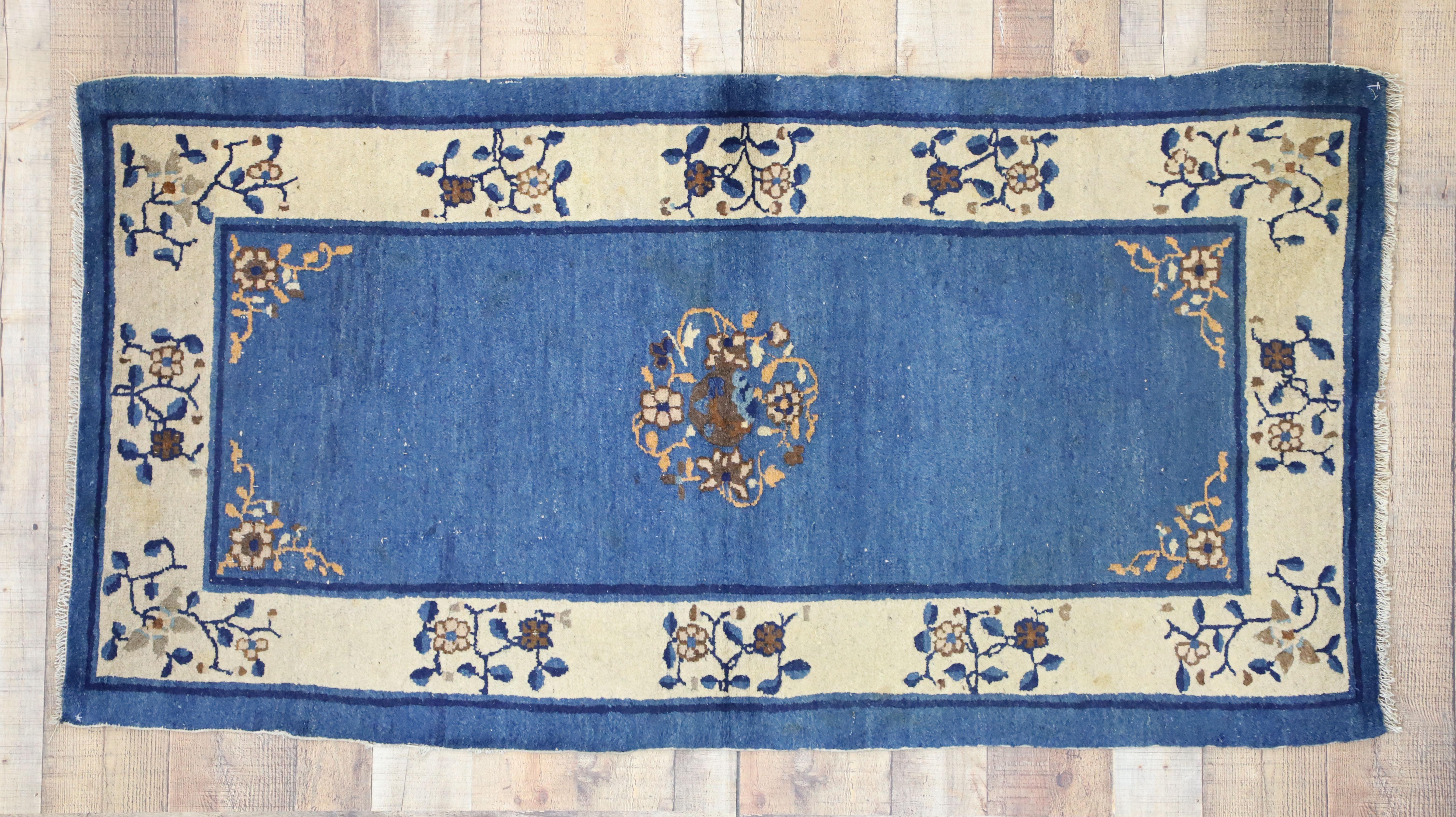 Wool Antique Chinese Peking Accent Rug with Neoclassical Chinoiserie Style For Sale