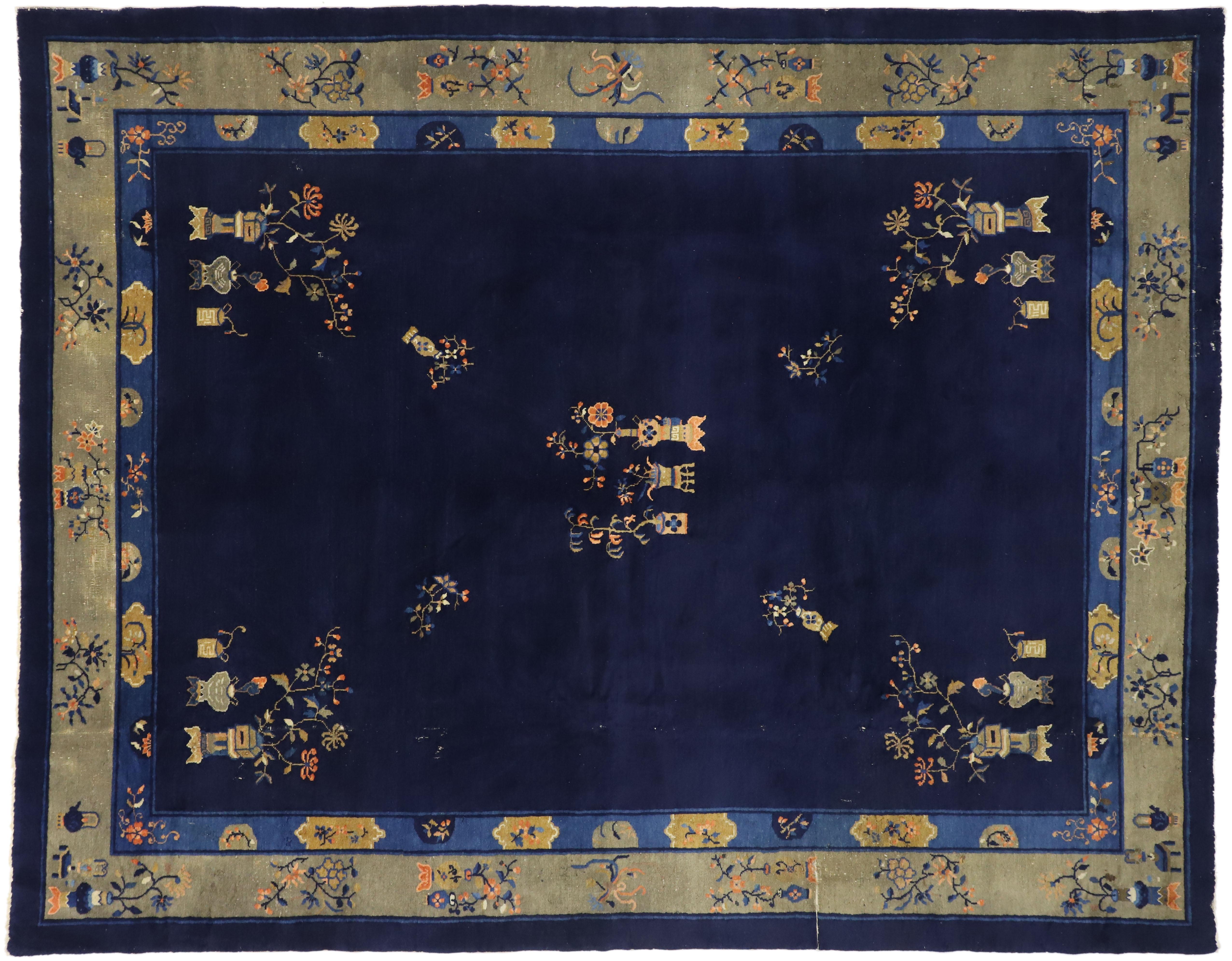 Wool Antique Chinese Peking Area Rug with Traditional Chinoiserie Style For Sale
