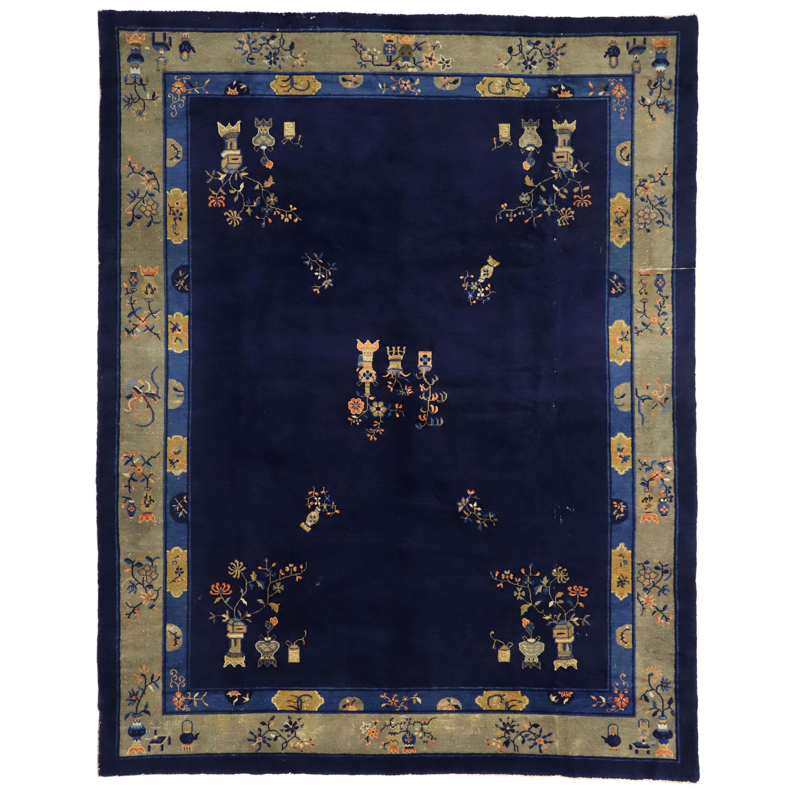 Antique Chinese Peking Area Rug with Traditional Chinoiserie Style For Sale
