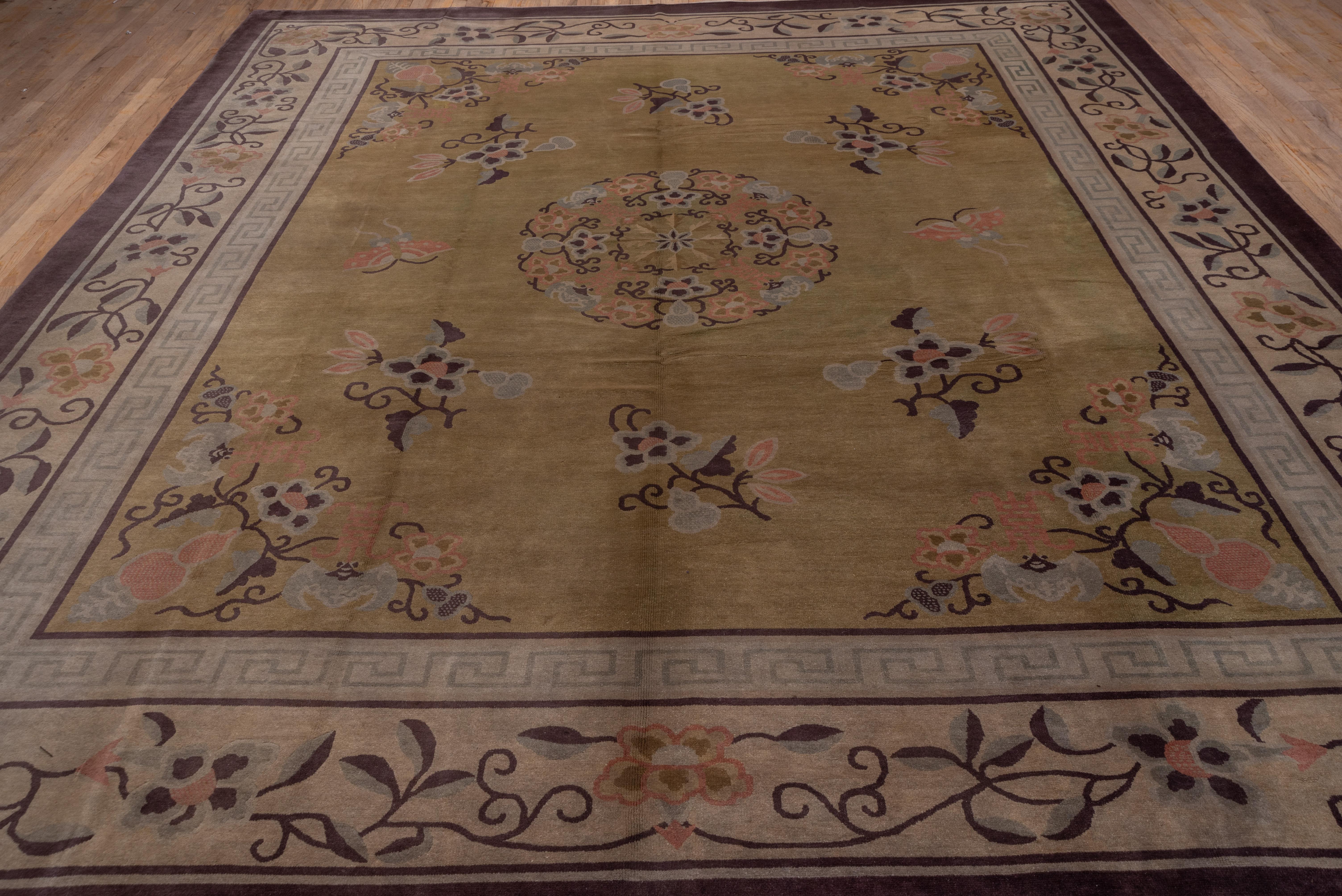 Mid-20th Century Antique Chinese Peking Art Deco Carpet, Yellow Field, Coral & Gray Accents For Sale