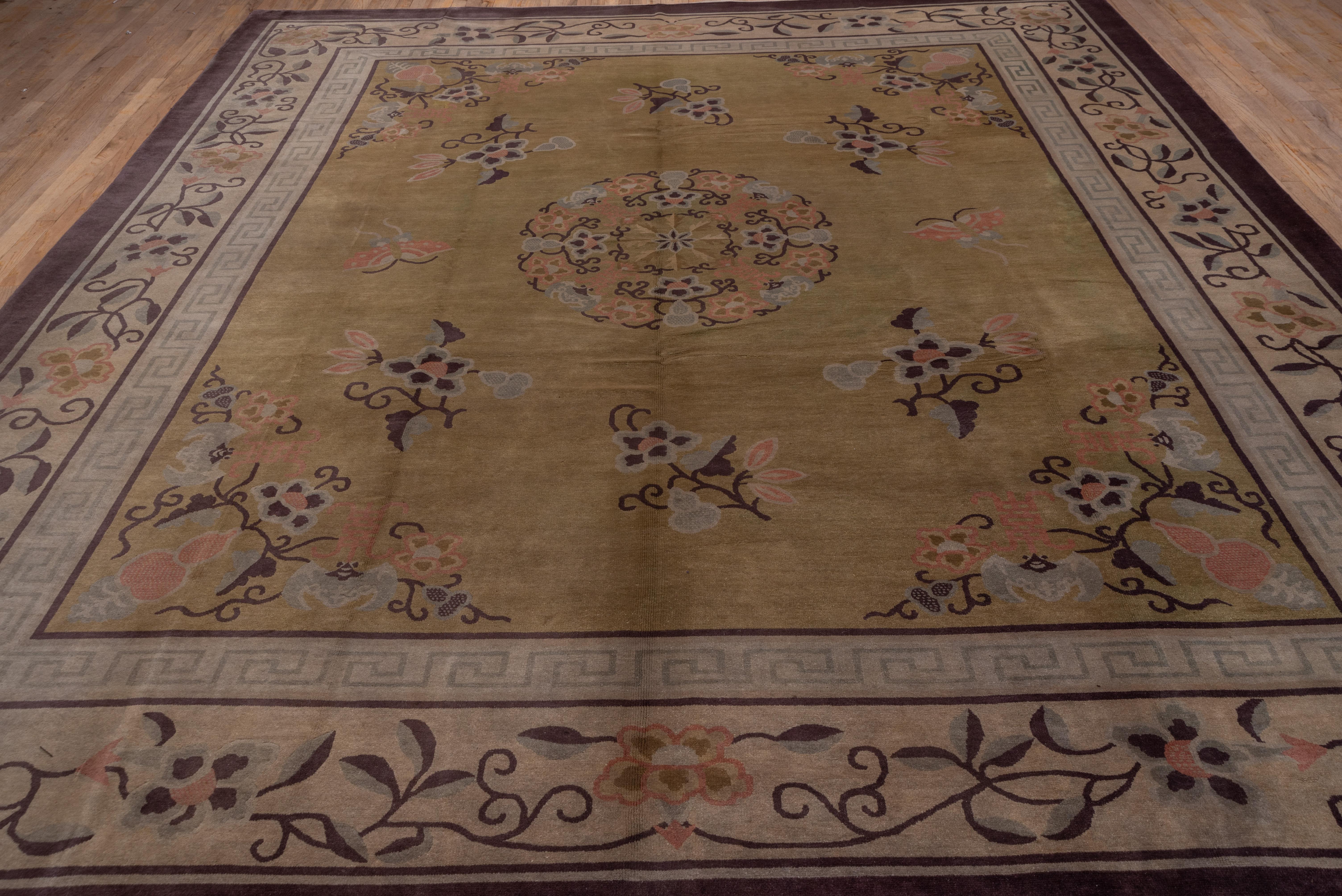 Mid-20th Century Antique Chinese Peking Art Deco Carpet, Yellow Field, Coral & Gray Accents