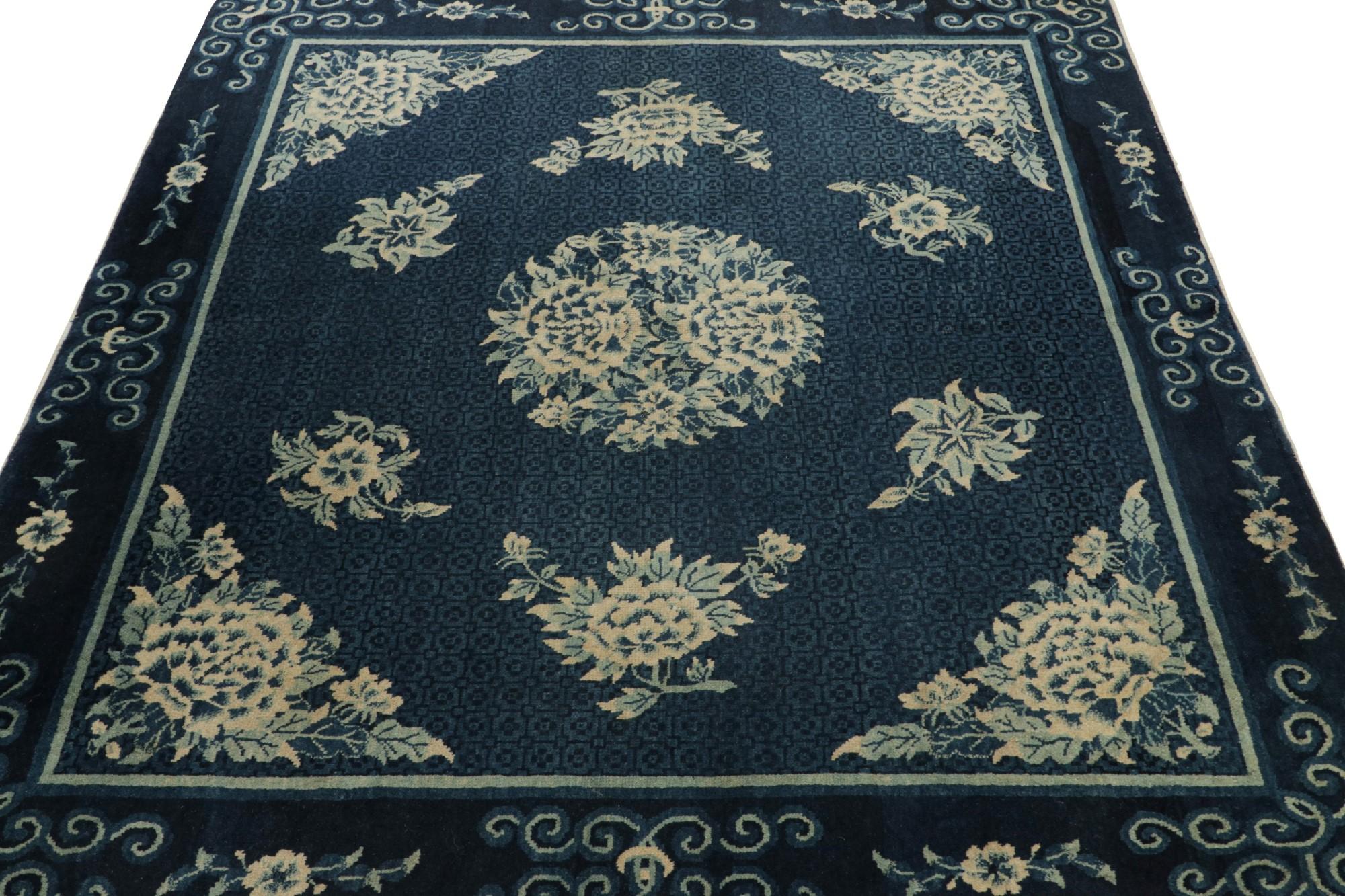 Hand-Knotted Antique Chinese Peking Art Deco Rug in Blue with Ivory Floral Medallions For Sale
