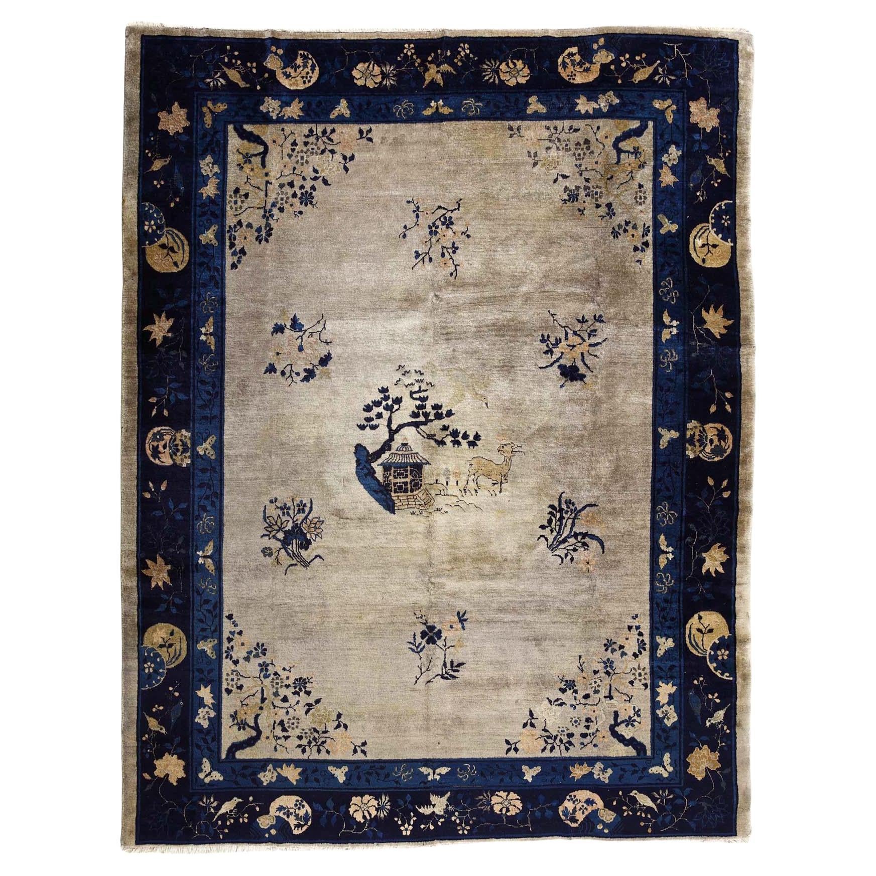 Antiker chinesischer Pekinger blauer Teppich, handgeknüpft 
