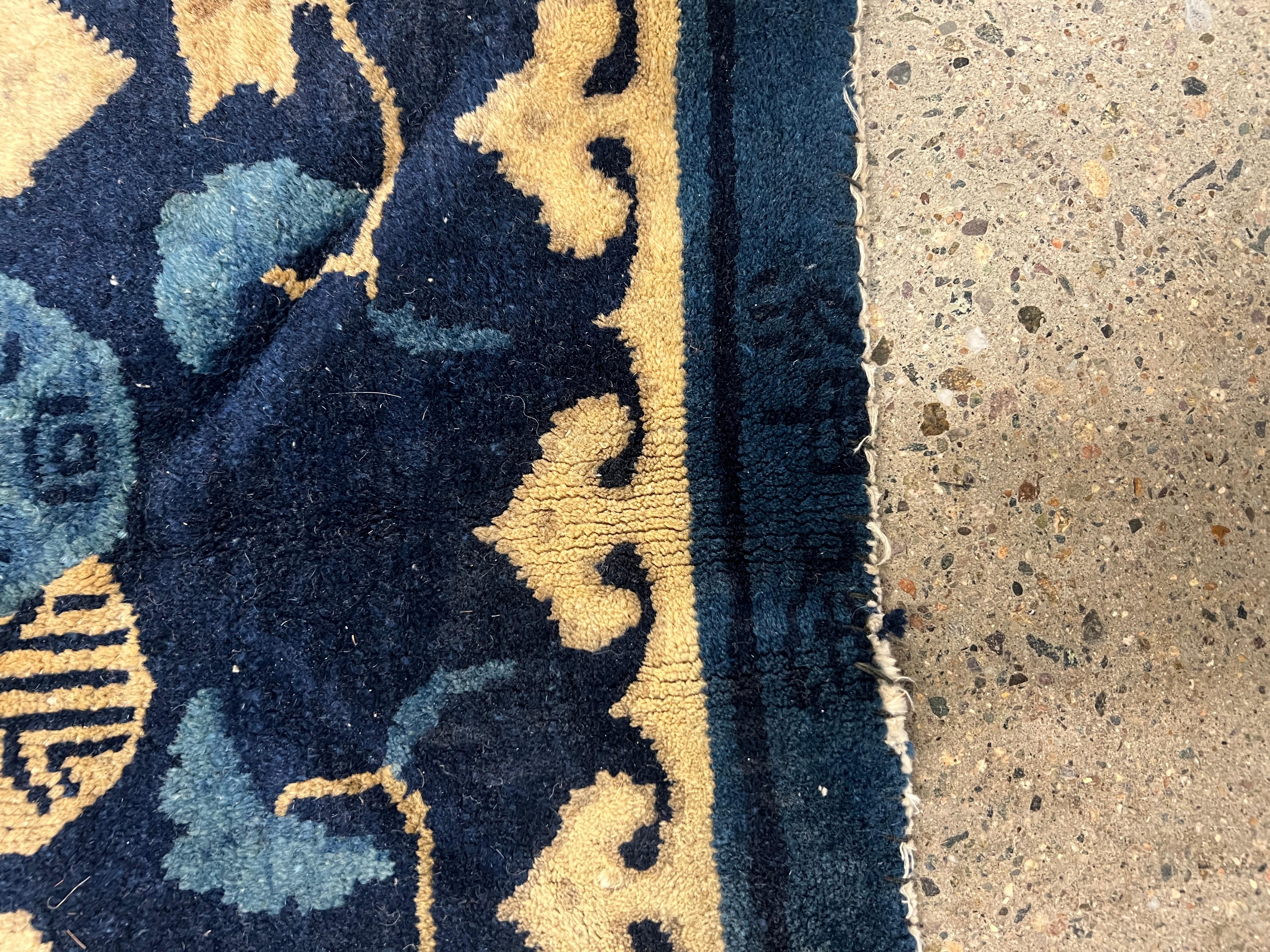 Art Deco Antique Chinese Peking Blue Rug or Carpet - Signed 5'10