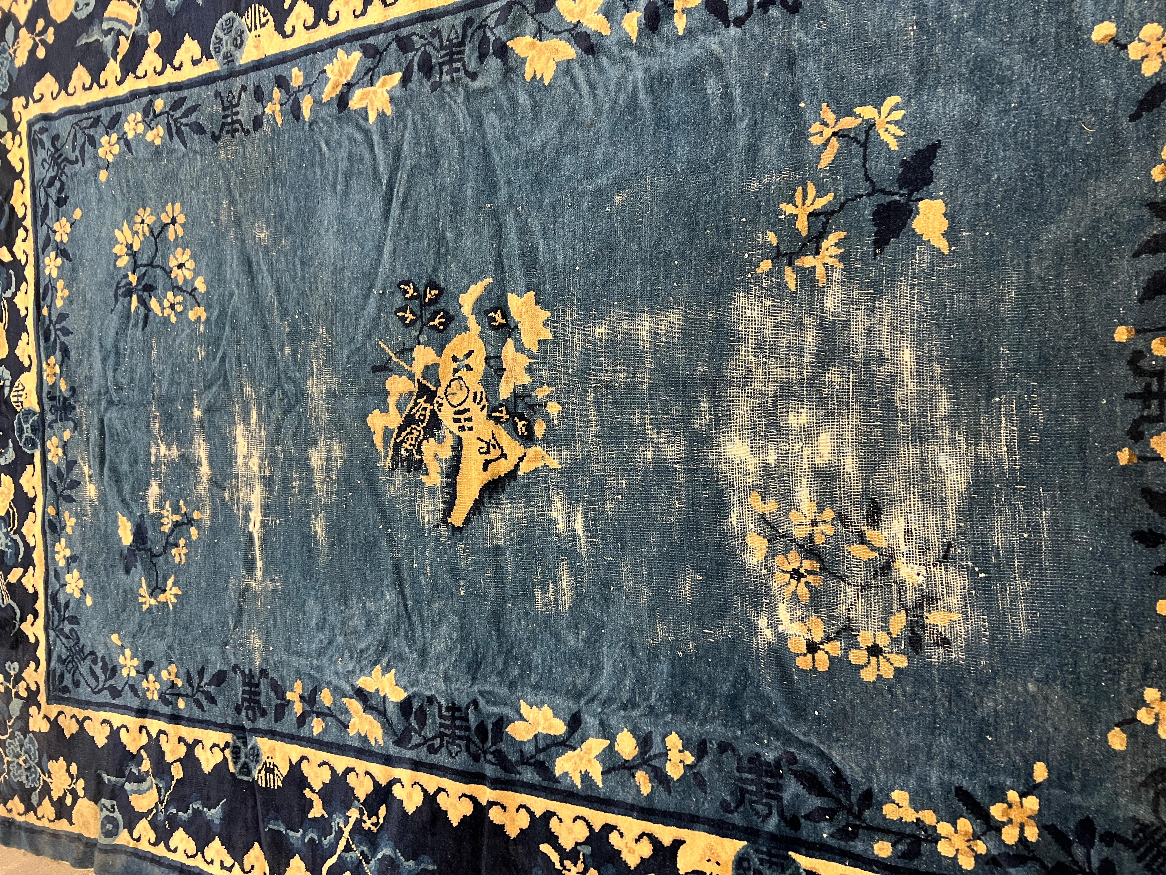 Wool Antique Chinese Peking Blue Rug or Carpet - Signed 5'10