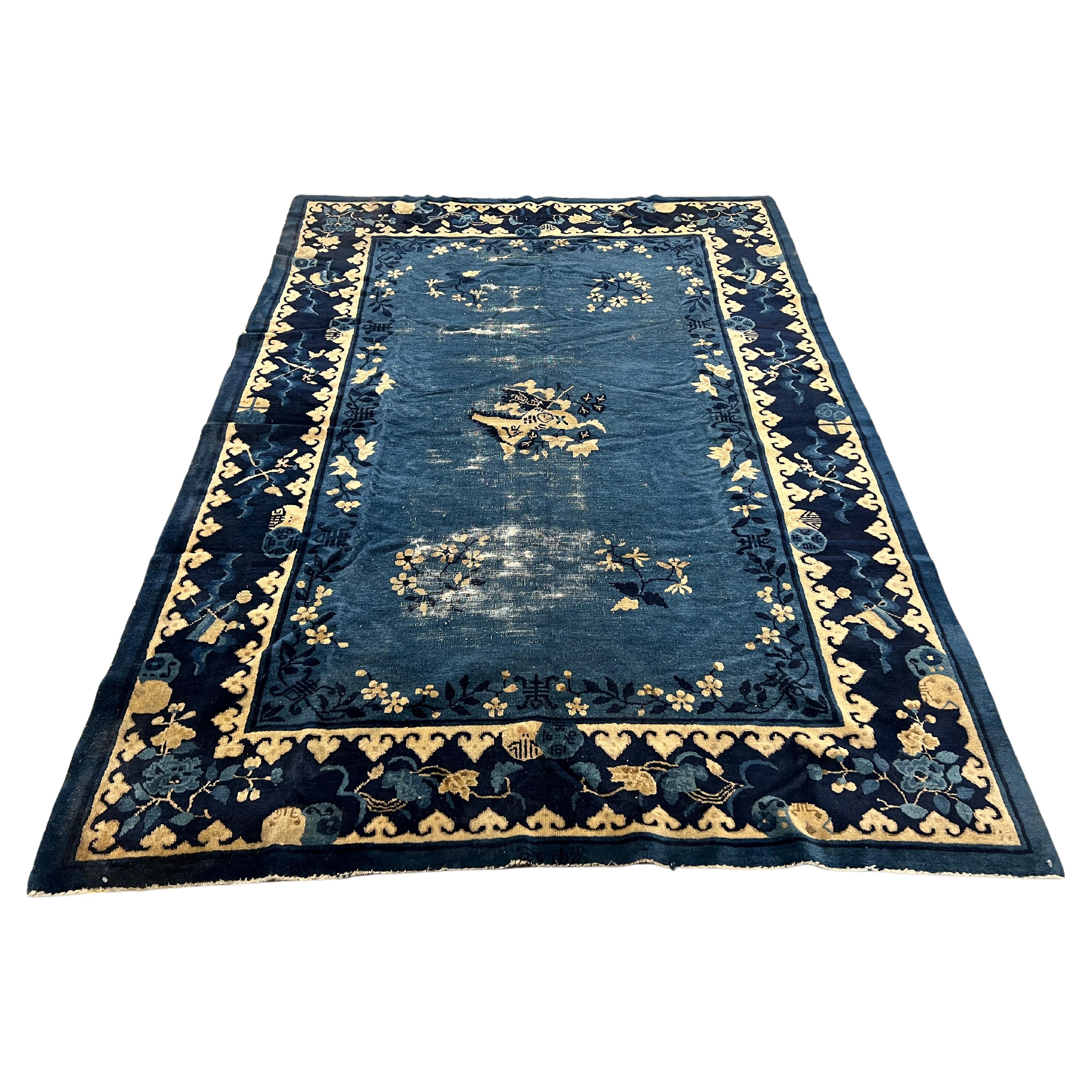 Antique Chinese Peking Blue Rug or Carpet - Signed 5'10" x 8'4"