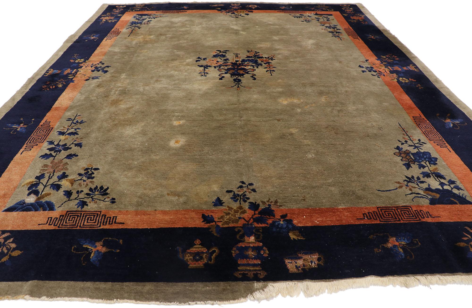 Qing Antique Brown and Blue Chinese Peking Carpet, 09'00 x 11'01 For Sale