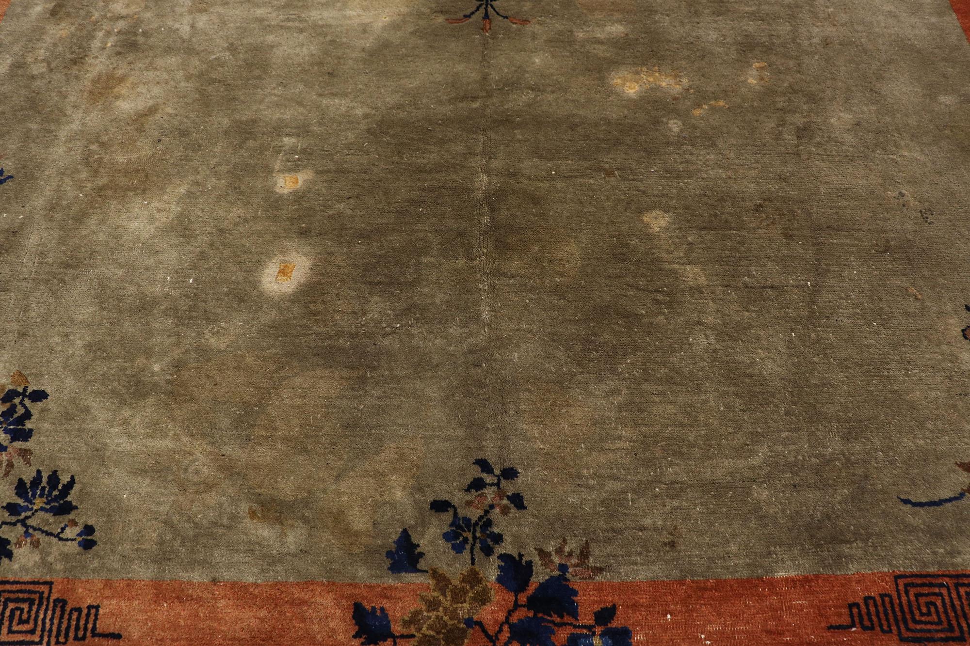 Hand-Knotted Antique Brown and Blue Chinese Peking Carpet, 09'00 x 11'01 For Sale