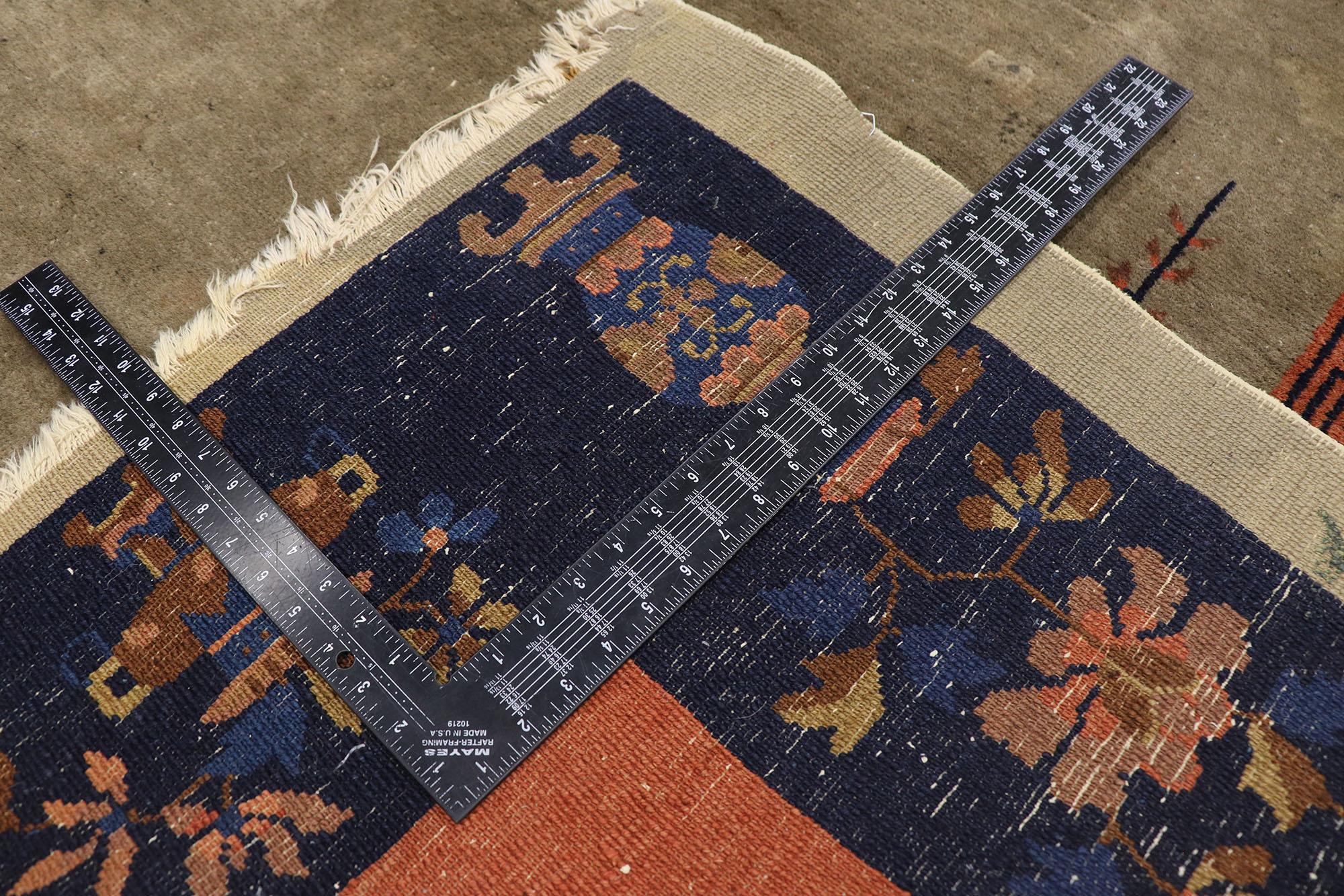 Antique Brown and Blue Chinese Peking Carpet, 09'00 x 11'01 In Distressed Condition For Sale In Dallas, TX