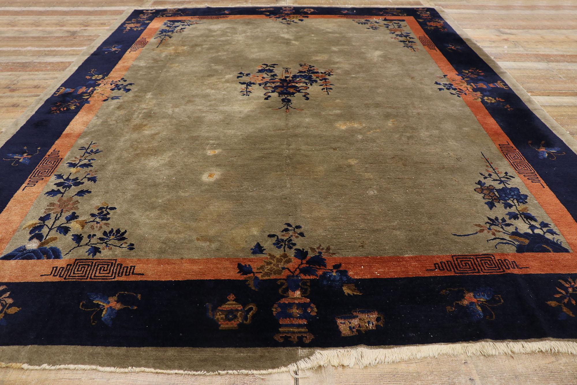 Wool Antique Brown and Blue Chinese Peking Carpet, 09'00 x 11'01 For Sale