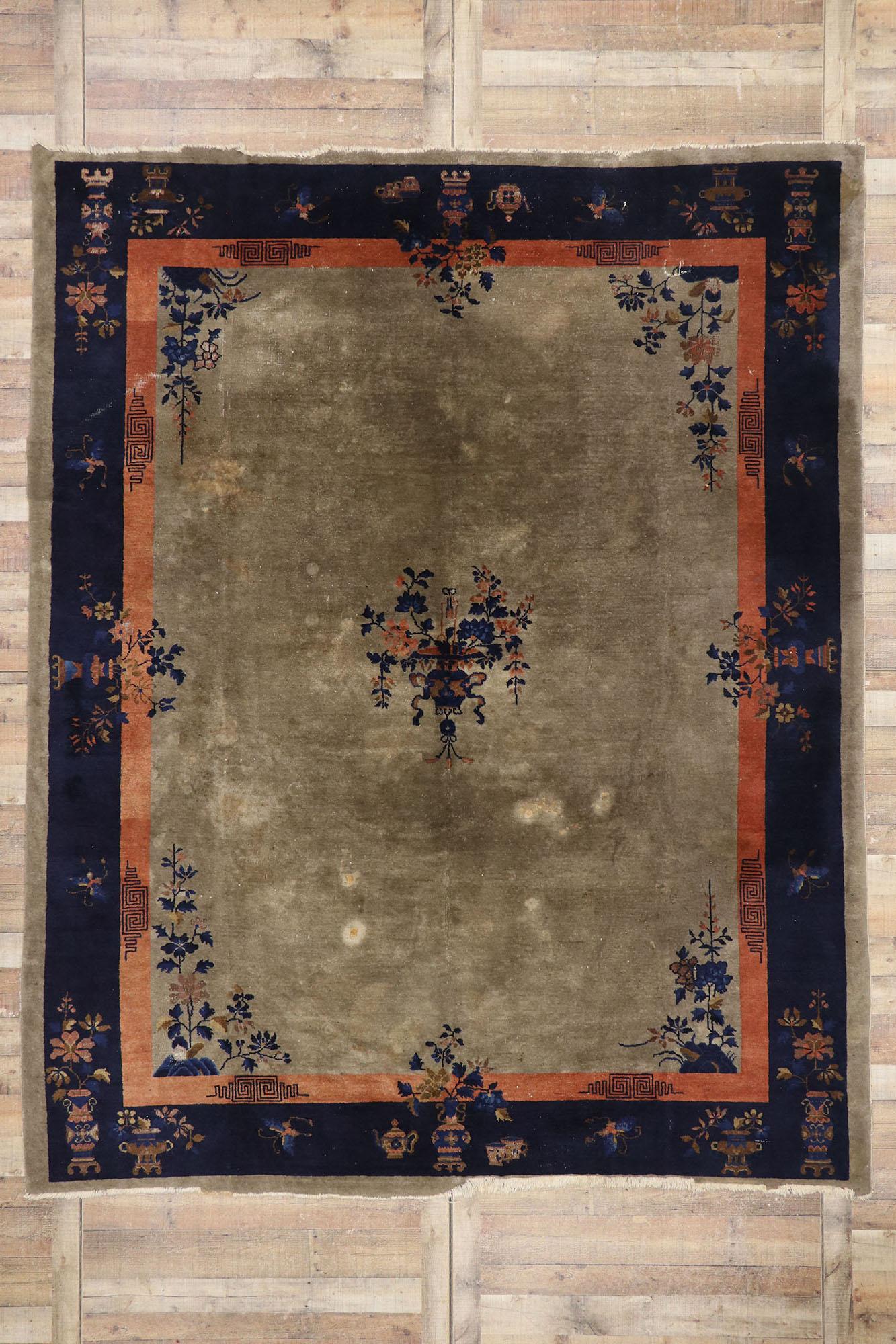 Antique Brown and Blue Chinese Peking Carpet, 09'00 x 11'01 For Sale 1