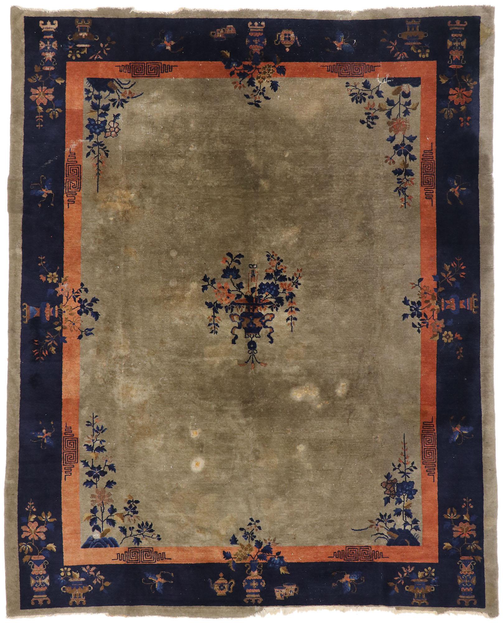 Antique Brown and Blue Chinese Peking Carpet, 09'00 x 11'01 For Sale 2