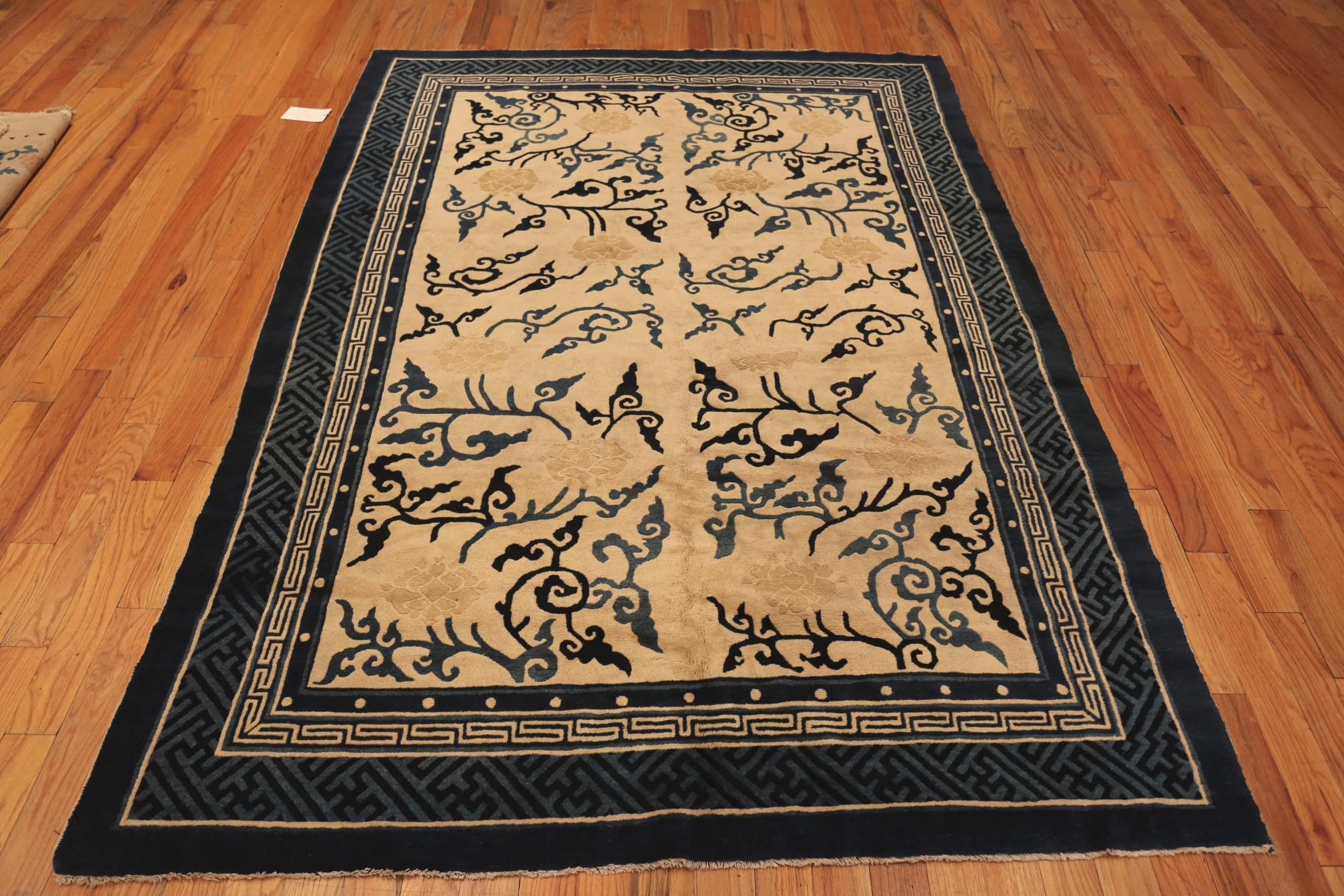 Antique Chinese Peking Cream And Blue Rug, Country of Origin / rug type: China, Circa date: 1900. Size: 6 ft x 8 ft 2 in (1.83 m x 2.49 m)
 