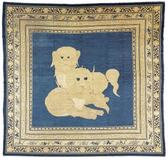 Antique Chinese Peking Foo Dog Rug Hand-Knotted, Blue and Ivory