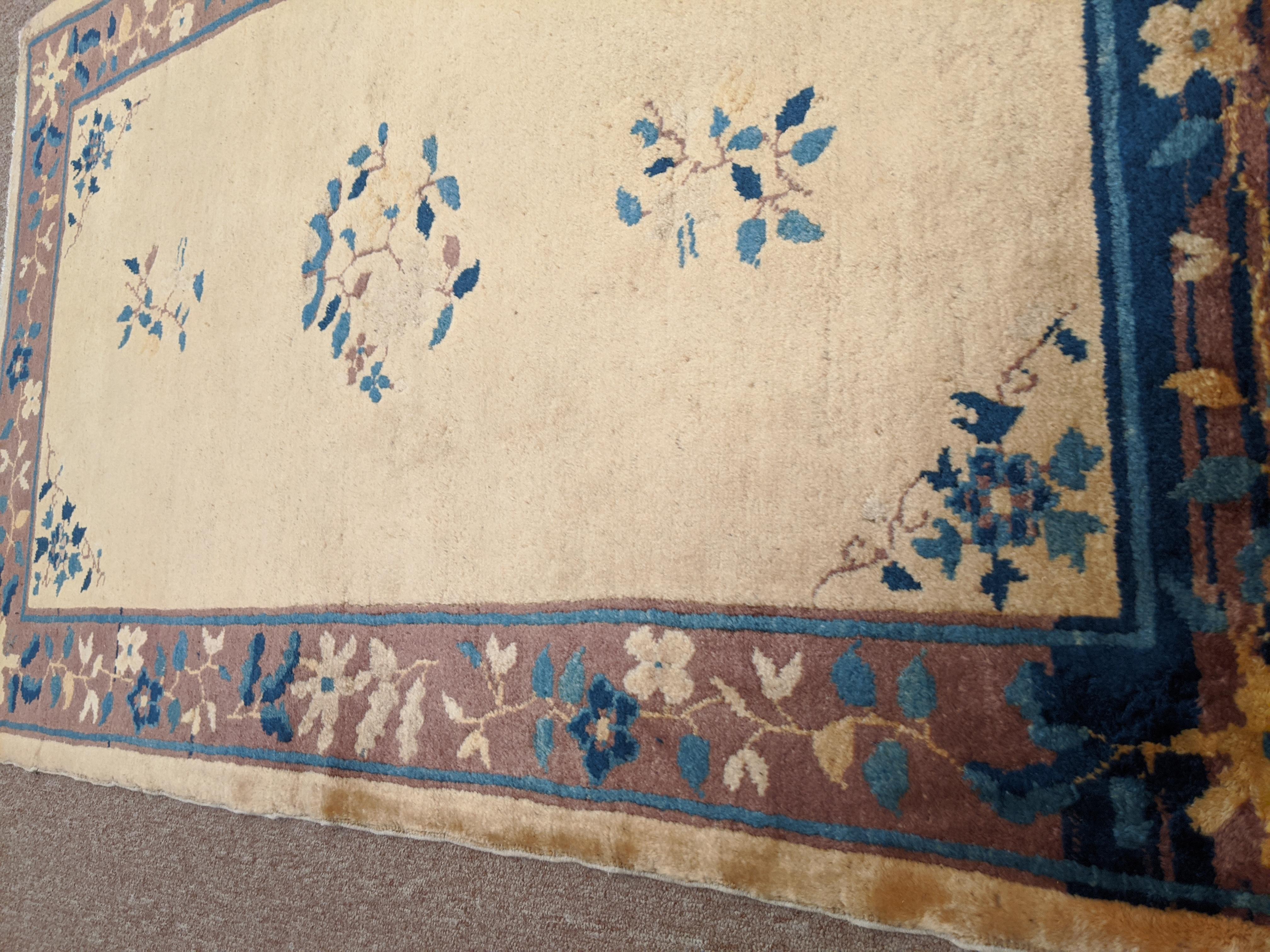 Antique Chinese Peking Oriental Ivory Blue, Silky Wool, Scatter Size, 1910 In Good Condition For Sale In Williamsburg, VA