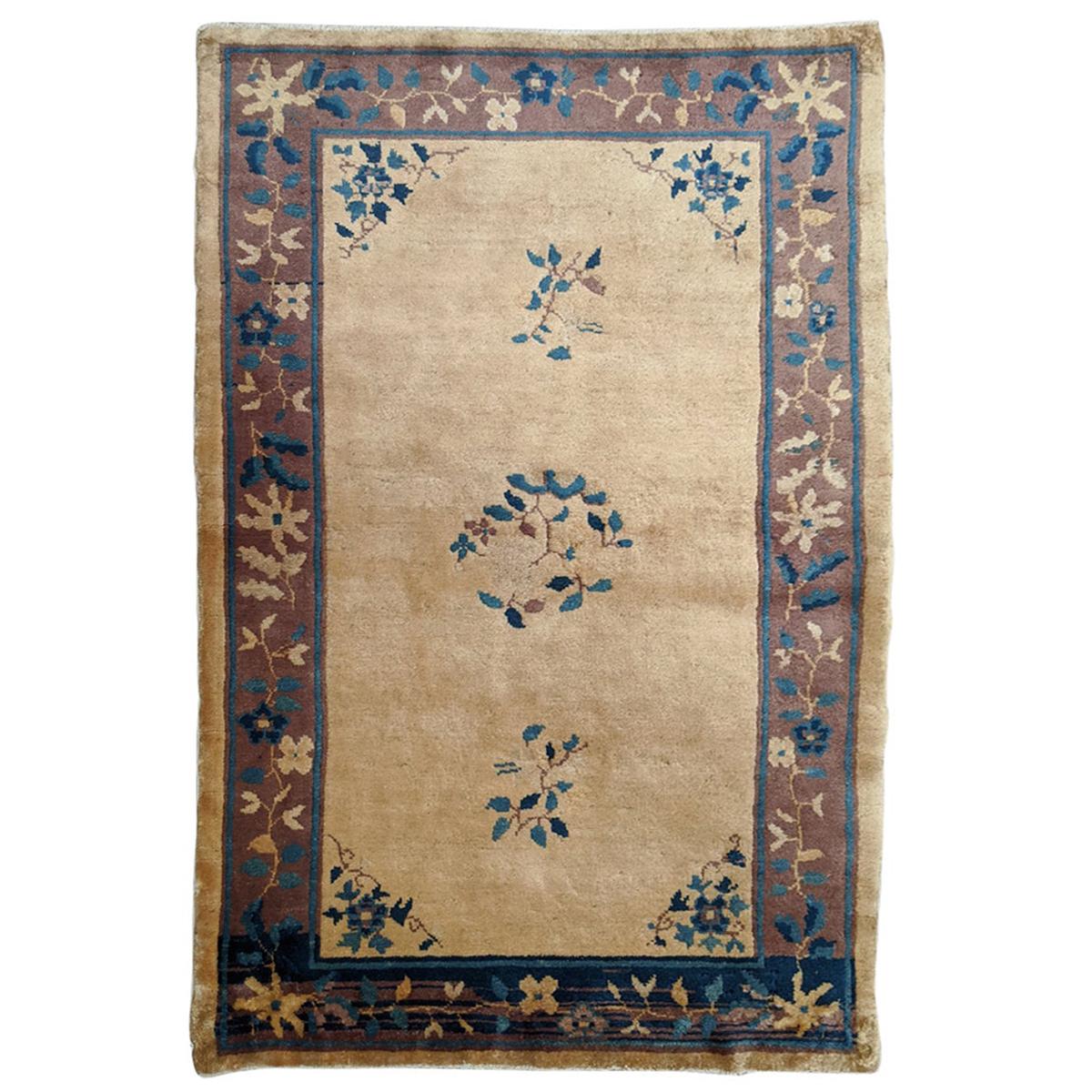 Antique Chinese Peking Oriental Ivory Blue, Silky Wool, Scatter Size, 1910 For Sale