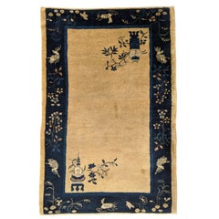 Antique Chinese Peking Oriental Ivory Blue, Silky Wool, Scatter Size, 1910