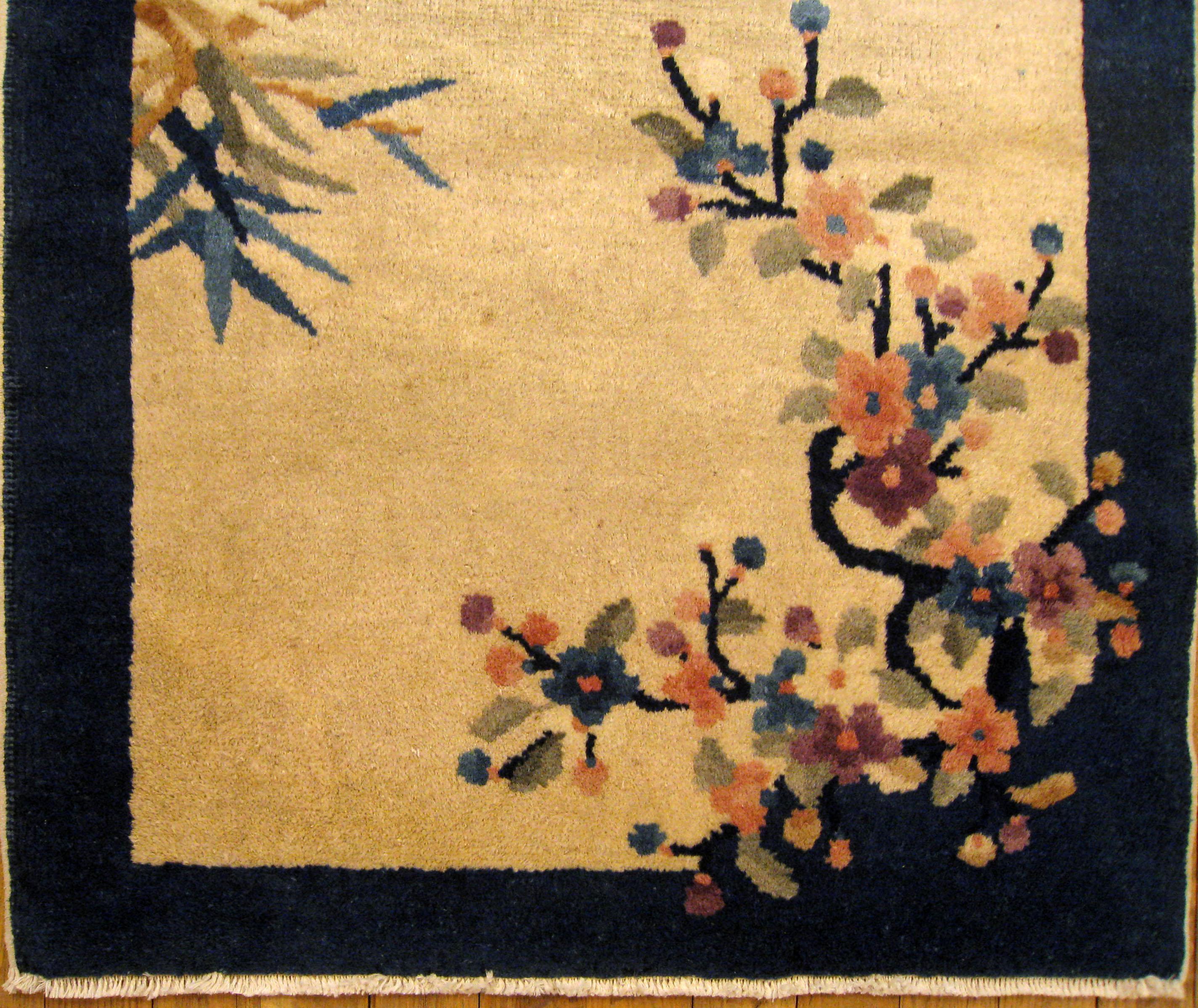 Hand-Knotted Antique Chinese Peking Oriental Rug, in Small Size, with Tree and Flower Motifs