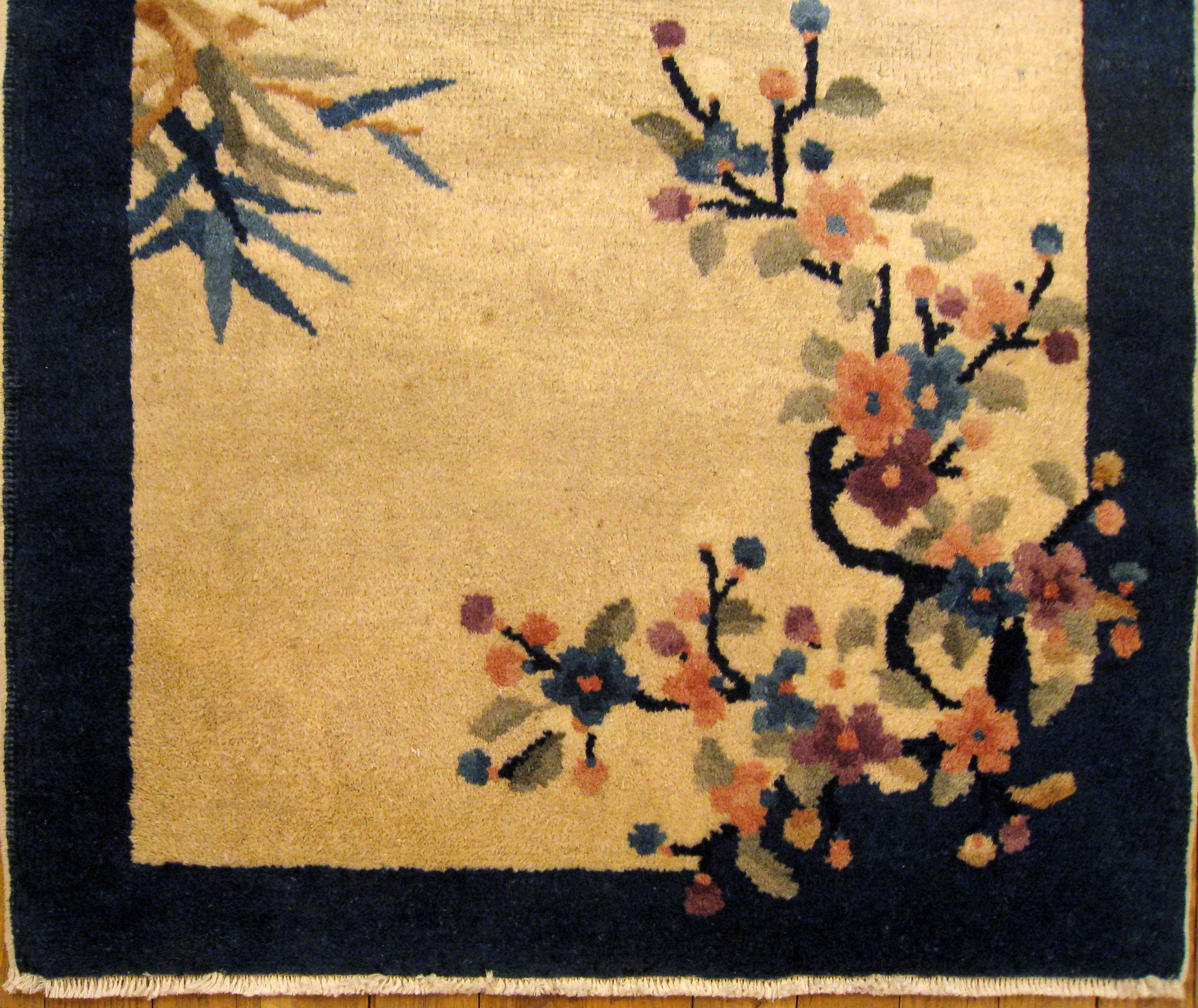 Hand-Knotted Antique Chinese Peking Oriental Rug, in Small Size, with Tree and Flower Motifs For Sale