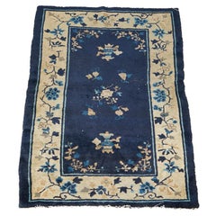 Antique Chinese Peking Oriental Wool Rug, Blue & White, Circa 1930
