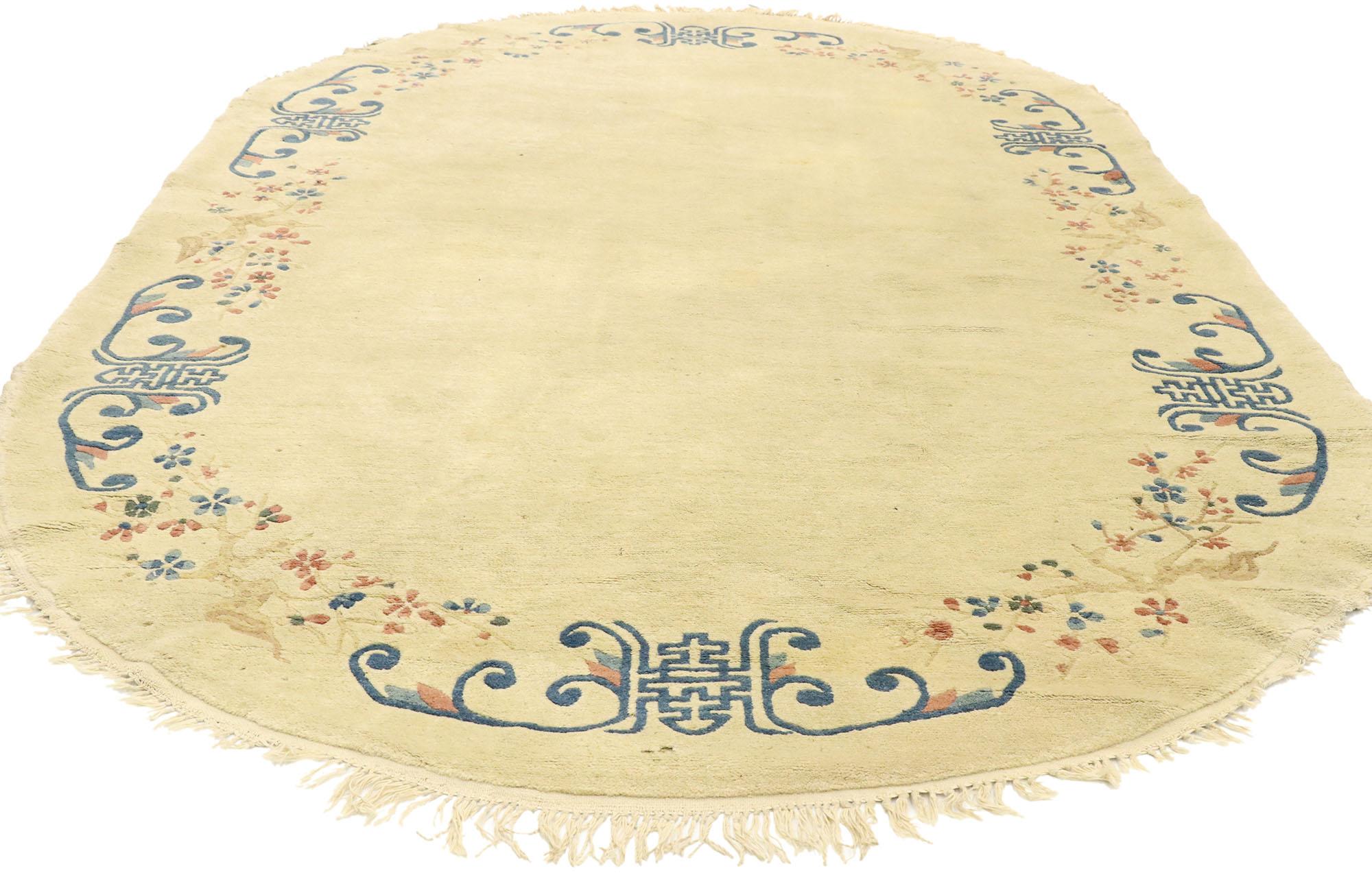 Hand-Knotted Antique Chinese Peking Oval Rug with Romantic Chinoiserie Style For Sale