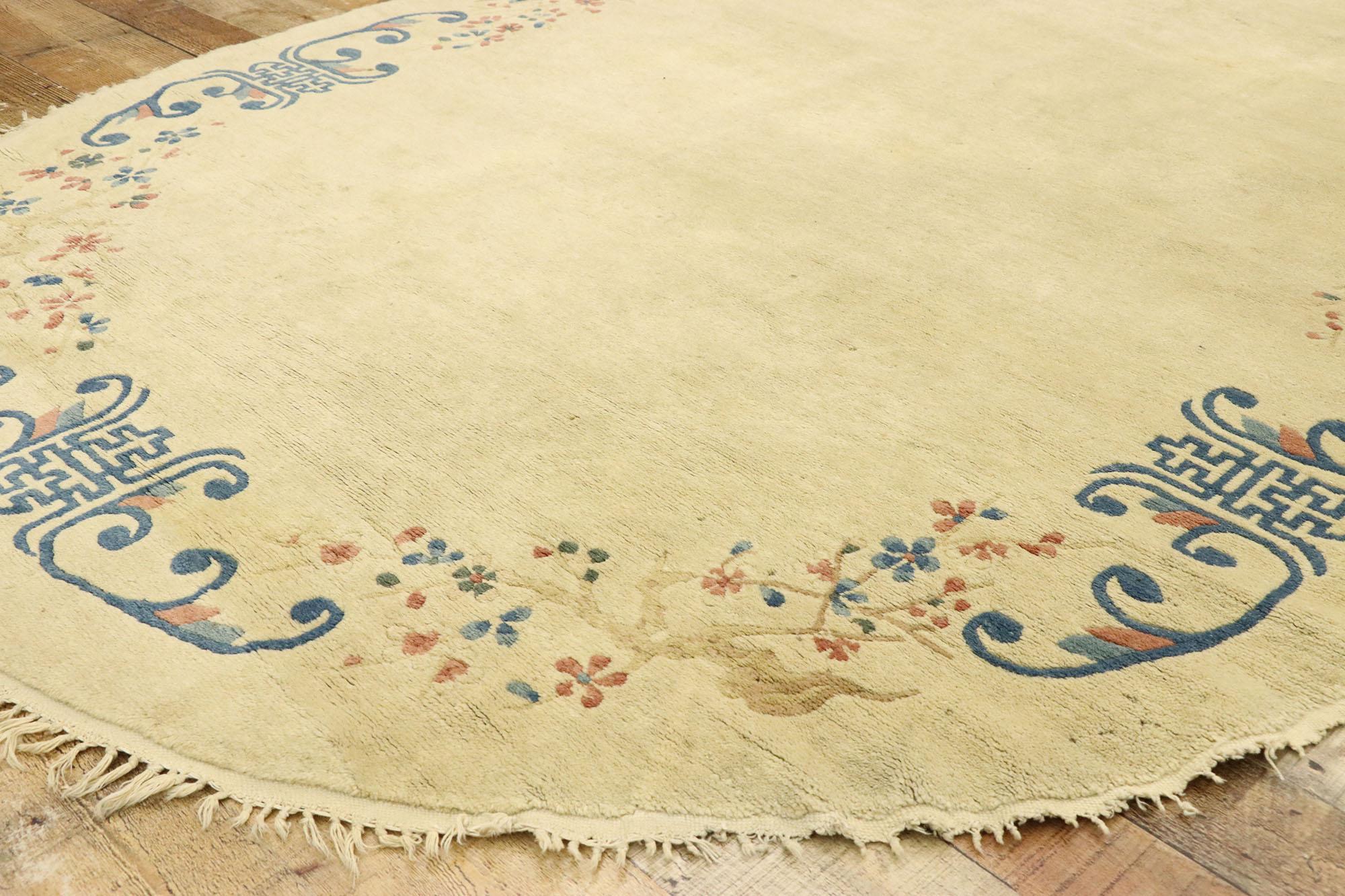 Wool Antique Chinese Peking Oval Rug with Romantic Chinoiserie Style For Sale