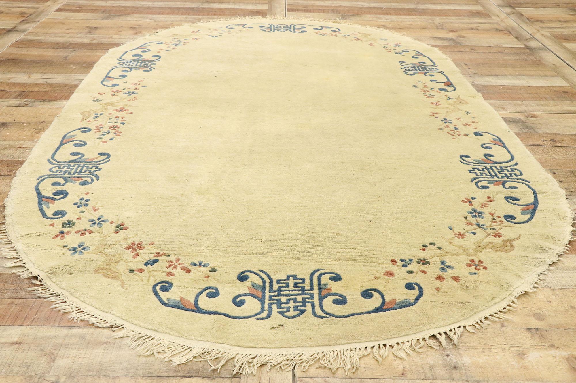Antique Chinese Peking Oval Rug with Romantic Chinoiserie Style For Sale 1