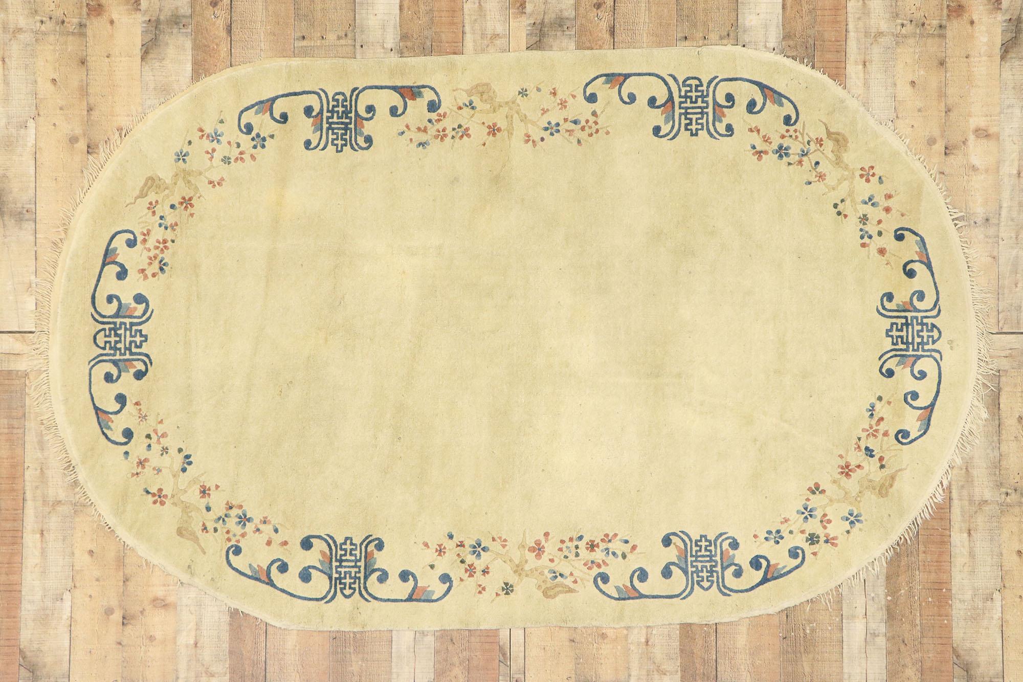 Antique Chinese Peking Oval Rug with Romantic Chinoiserie Style For Sale 2