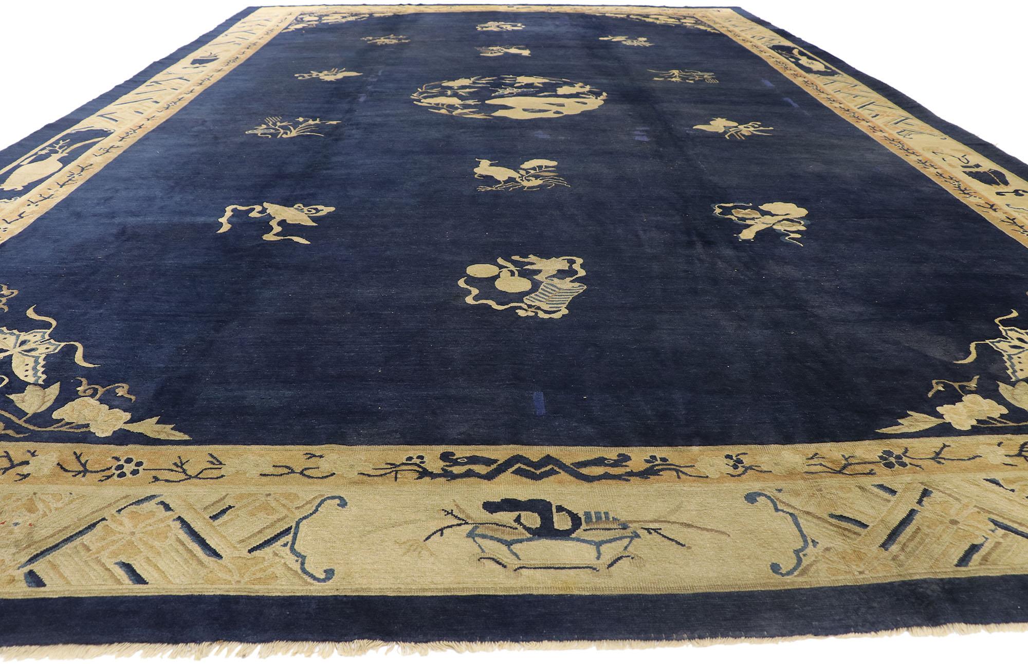 Chinoiserie Antique Indigo Chinese Peking Carpet with Traditional Qing Dynasty Style For Sale