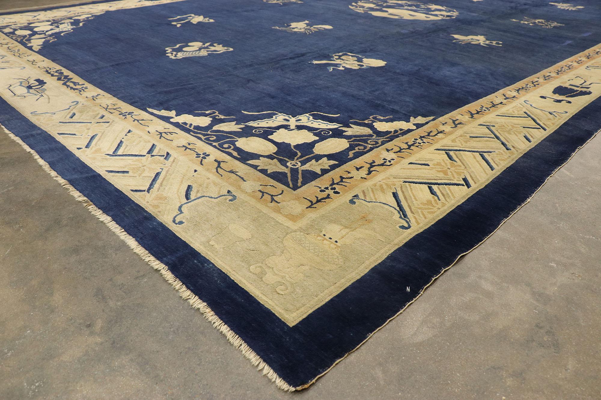 Wool Oversized Antique Chinese Peking Rug, Timeless Elegance Meets Chinoiserie Chic For Sale