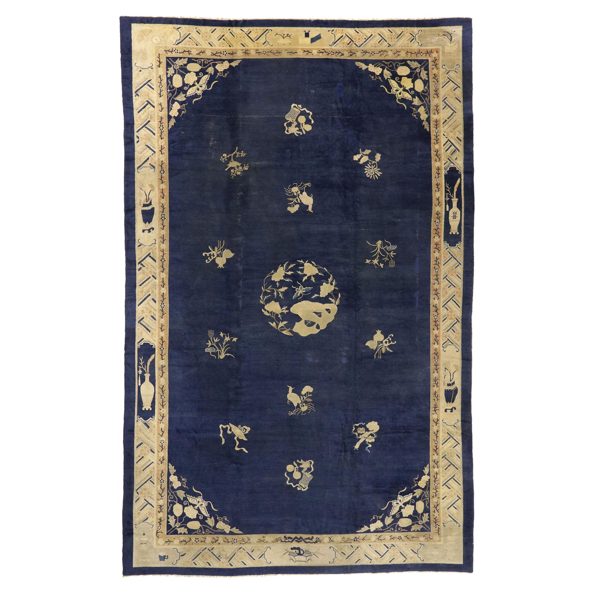 Oversized Antique Chinese Peking Rug, Timeless Elegance Meets Chinoiserie Chic For Sale