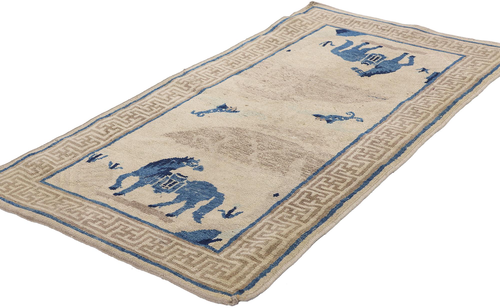 79071 Antique Chinese Peking Pictorial Rug, 02'00 x 03'11. This hand-knotted wool antique Chinese Peking pictorial rug masterfully captures the essence of traditional Chinese artistry, merging intricate symbolism with historical richness. Set