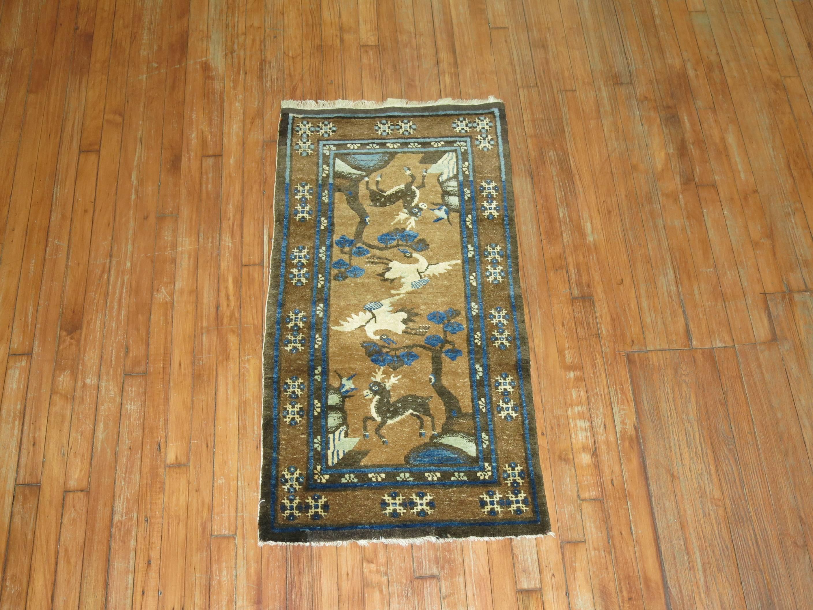 Reindeer Bird Antique Chinese Peking Pictorial Rug In Excellent Condition In New York, NY