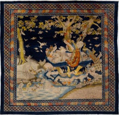 Antique Chinese Peking Pictorial Wool Rug with Cranes and Peacocks in Indigo