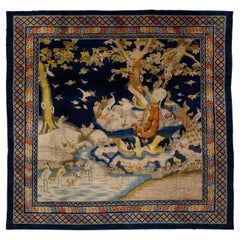 Antique Chinese Peking Pictorial Wool Rug with Cranes and Peacocks in Indigo Antique Chinese Peking Pictorial Wool Rug with Cranes and Peacocks in Indigo