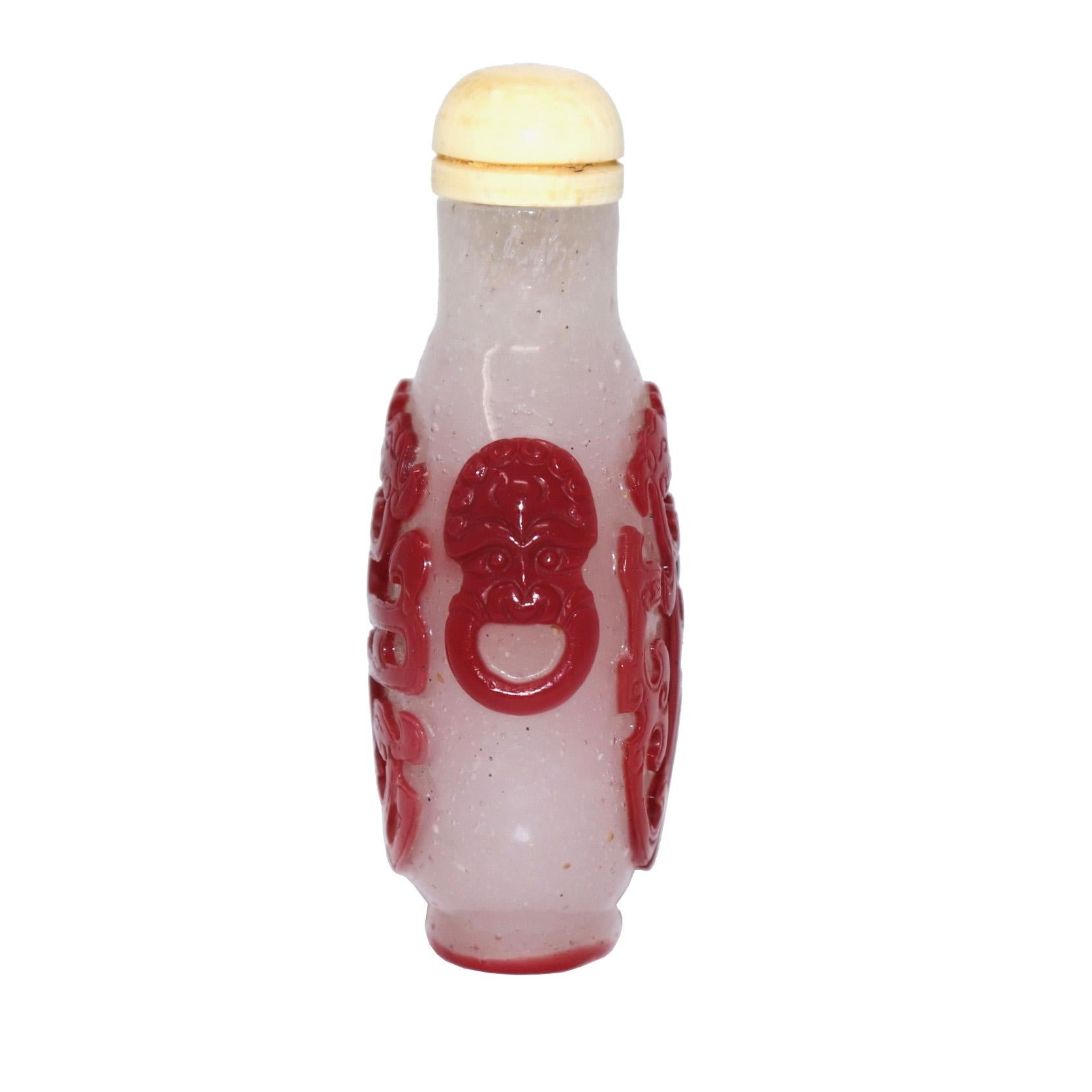 Carved Antique Chinese Peking Red Overlay Snowflake Glass Snuff Bottle For Sale