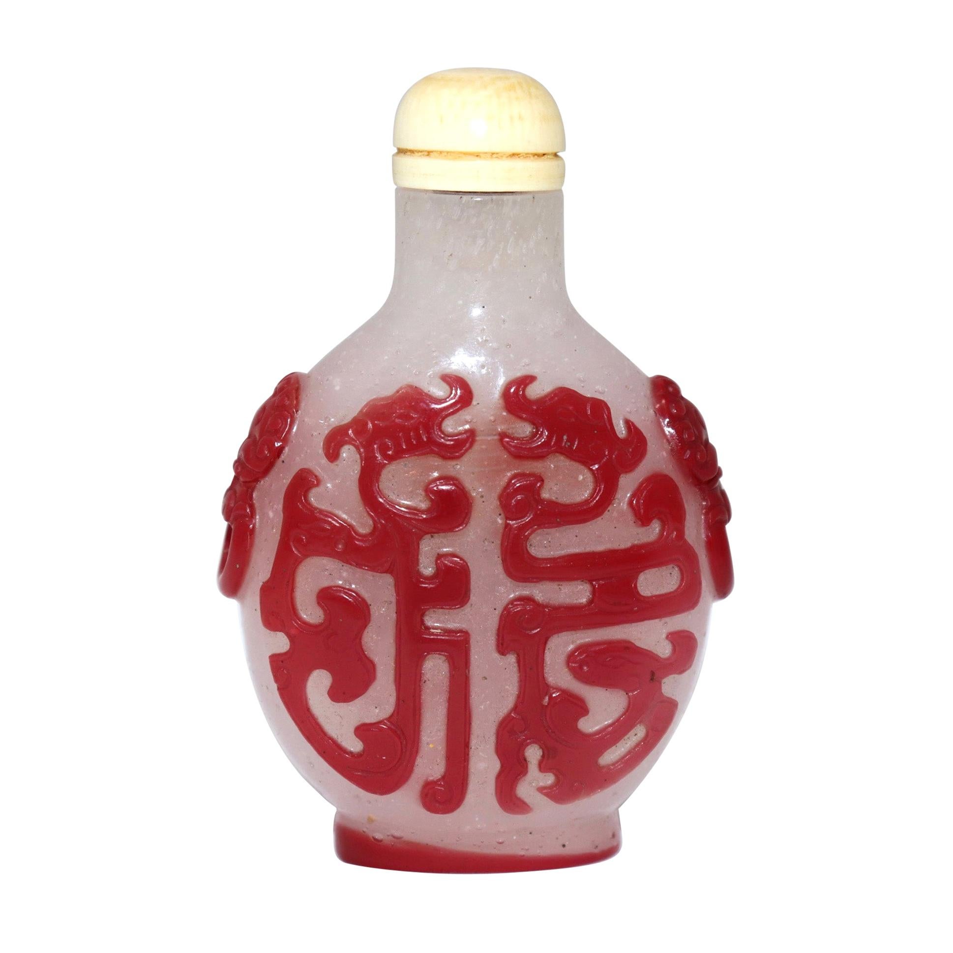 Antique Chinese Peking Red Overlay Snowflake Glass Snuff Bottle For Sale