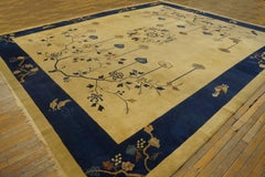 1920s Beige Medallion Antique Chinese Peking Carpet 11'10''x14'6'' Wool Rug