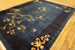 1920s Navy Field Floral Birds Vase Antique Chinese Peking Room Size Rug