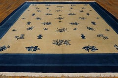 1880s Beige Floral Vase Qing Chinese Peking Carpet 11'2"x13'10" Knotted Wool Rug