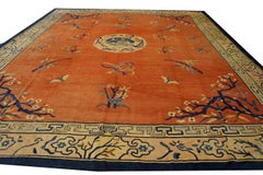 1870s Coral Medallion Antique Chinese Peking Carpet 12'4"x14'6" Knotted Wool Rug