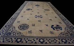 1880s Beige Antique Classic Greek Key Chinese Peking Large Oversized Big Rug