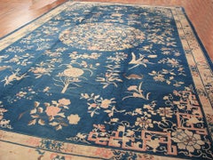 1890s Blue Floral Medallion Antique Chinese Peking Carpet 13'8" x 23'2" Wool Rug