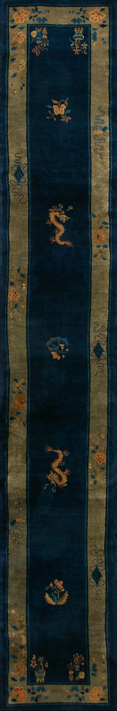 Antique Chinese Peking Allover Floral Knotted Hallway Runner Rug