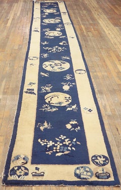 1880s Blue Floral Antique Chinese Peking Rug 2' 6" x 18'0" Knotted Carpet Runner