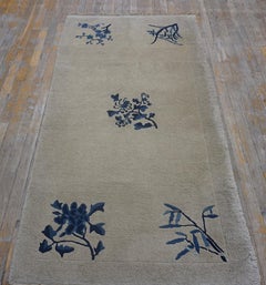 1920s Rectangle Ivory Floral Antique Chinese Peking Small Size Knotted Wool Rug