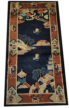 1930s Small Blue Fiel Antique Scenic Chinese Crane Design Peking Scatter Rug