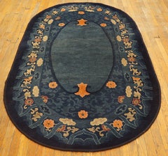 1920s Blue Medallion Antique Oval Chinese Peking Carpet 4'x6'8" Knotted Wool Rug
